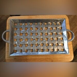 Metal Serving Tray with Lattice Cutout Design - Silver